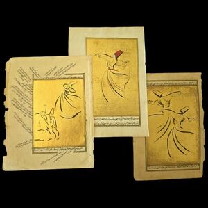 Vintage Ottoman Manuscript Illustrations Set of 3 Whirling Dervish Sufi Dancers